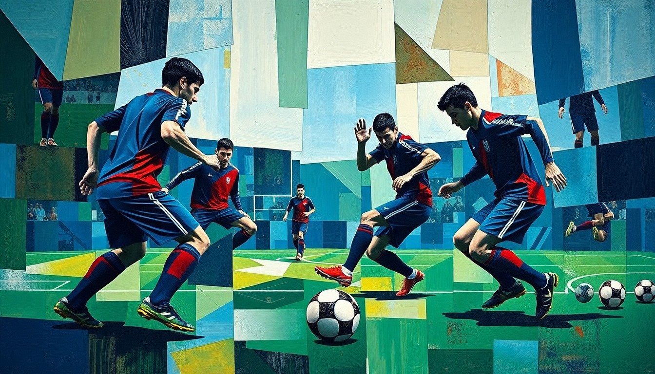 A fragmented, geometric painting in the style of Pablo Picasso, depicting the abstract forms of soccer players and a ball on a field, with sharp, overlapping planes of deep blues, greens, and reds, conceptually representing the intensity of the sport.