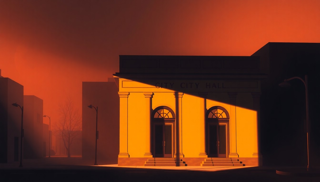 A photorealistic painting of a city hall building in warm, golden light, with deep shadows casting across the facade, conveying a sense of civic authority and public responsibility.