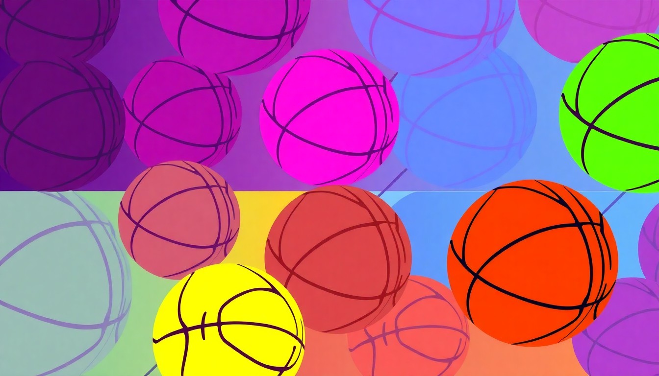 A brightly colored, high-contrast silkscreen print of a basketball repeated in a tight grid pattern, capturing the vibrant energy and iconic imagery of the sport that defined Yogi McKnight's legacy.