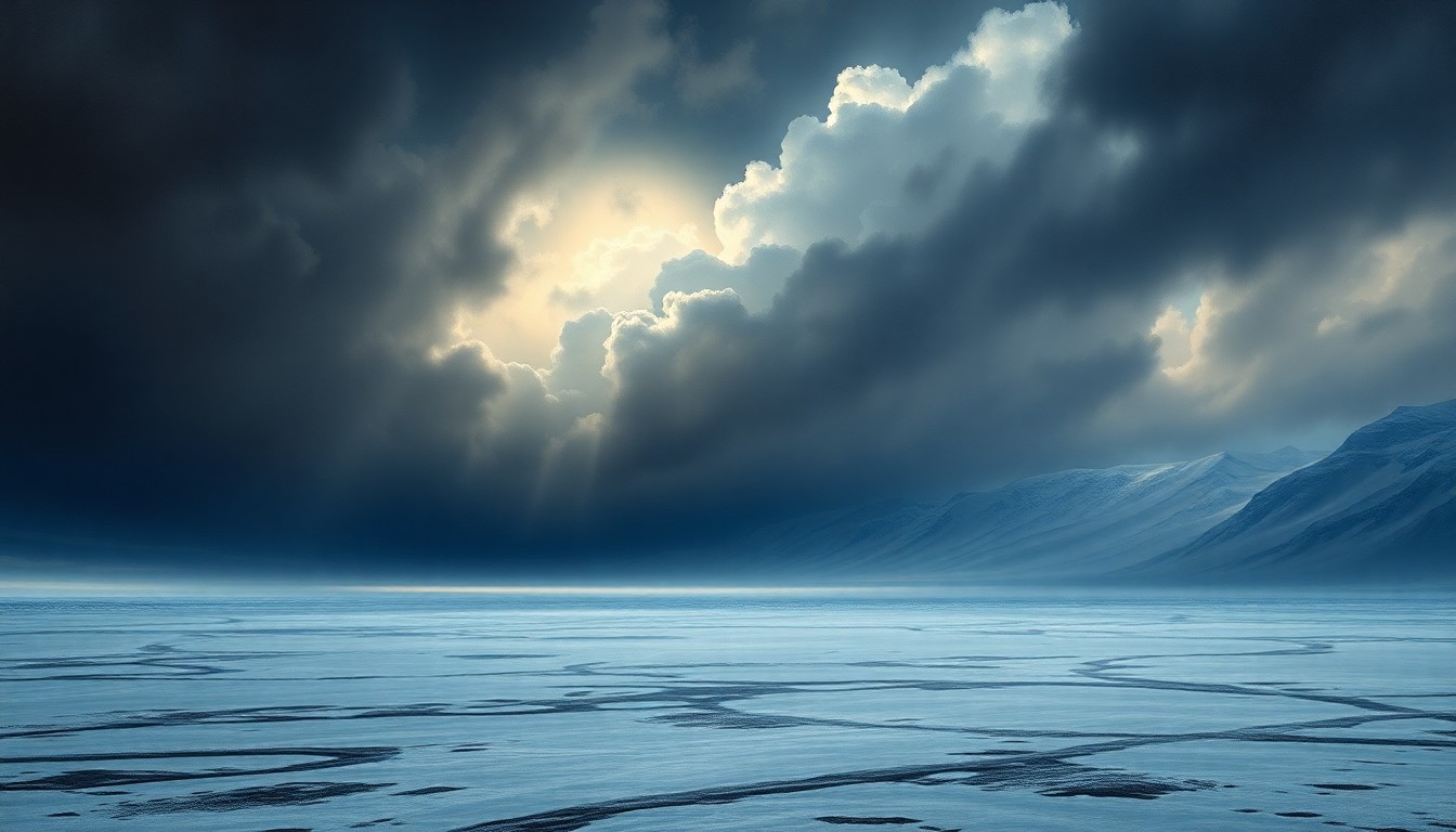 A sweeping, atmospheric landscape painting in muted tones of gray, white, and blue, depicting a vast, frozen expanse under a heavy, ominous sky, conveying the overwhelming power and sublime beauty of nature.
