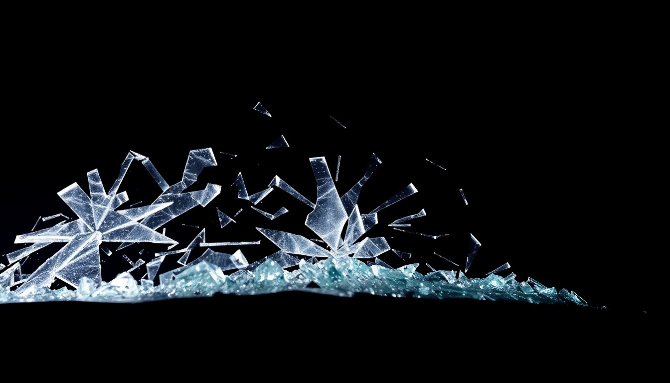 An extreme close-up photograph of a shattered car windshield against a pitch-black background, lit by a harsh, direct camera flash, conceptually representing the violence and chaos of a multi-vehicle collision.