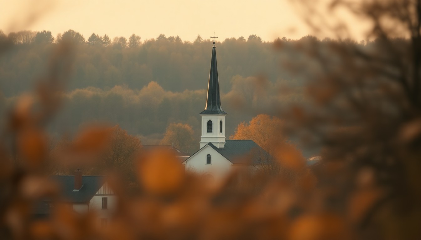 An abstract, out-of-focus photograph in warm, earthy tones depicting the blurred outline of a church steeple and surrounding trees, conceptually representing the quiet, reflective mood of a small-town community mourning the loss of a longtime resident.