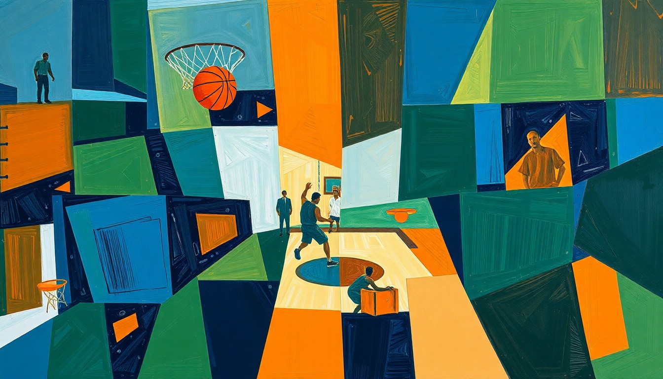 A cubist, geometric painting depicting a basketball game or tournament action, with the players and court fractured into sharp, overlapping planes of navy, green, and orange, conveying the dynamic energy and international scope of the Newark team's upcoming trip.