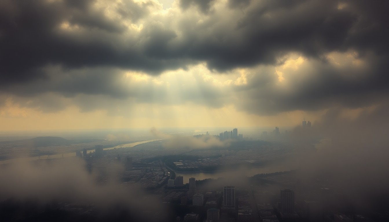 A vast, atmospheric landscape painting depicting the Cincinnati skyline and Ohio River, with the urban elements obscured by heavy, dramatic clouds and hazy light, conveying the overwhelming scale and power of the natural world.