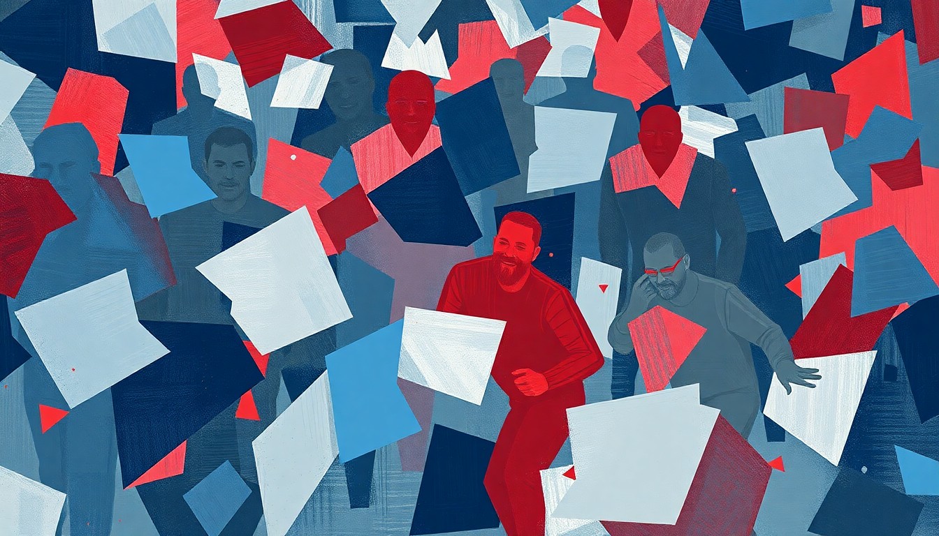 An abstract, fragmented painting of voters rushing to cast their ballots, with overlapping geometric shapes in shades of blue, red, and grey, conveying the energy and urgency of the special election.