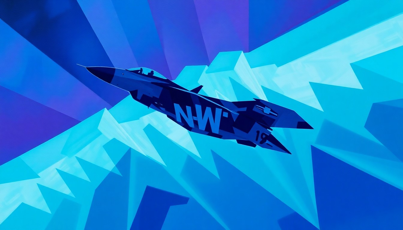 A dynamic, abstract painting depicting the fractured, overlapping silhouette of a fighter jet in flight, conveying the speed and urgency of the military response to the airspace breach.