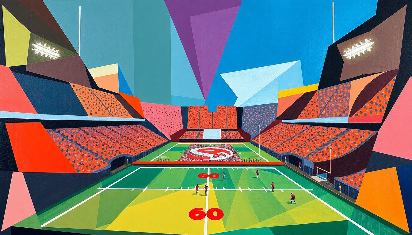 A fractured, geometric painting depicting the dynamic movements and competing forces of a National Arena League football game, rendered in the bold colors of the teams involved.