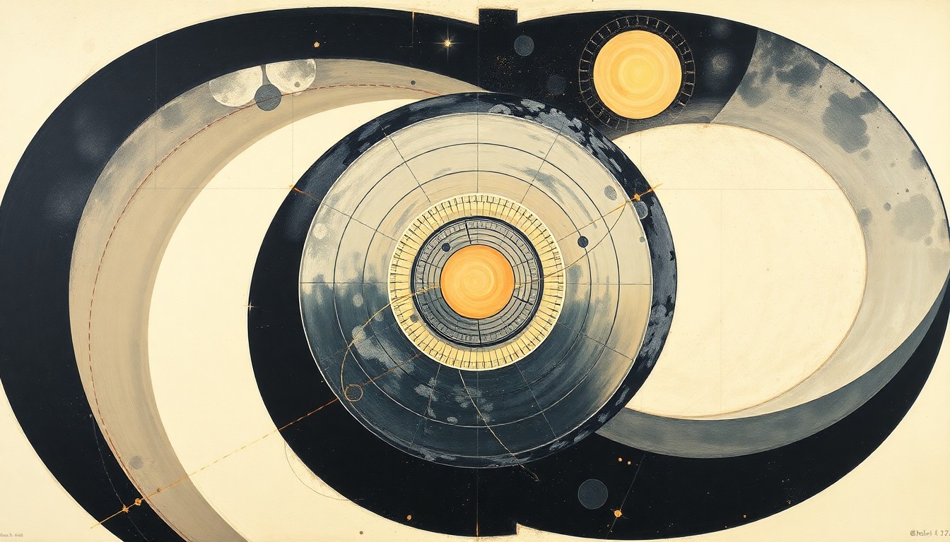 A bold, abstract painting in soft blues, greens, and oranges, featuring sweeping geometric shapes and concentric circles that evoke the complex forces and concepts of the Artemis 2 moon mission, conveying a sense of scientific wonder and discovery.