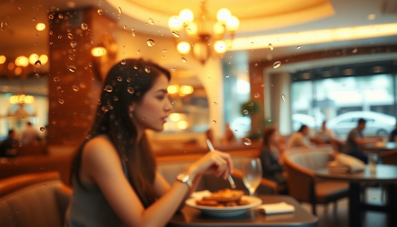 An impressionistic, out-of-focus scene of a young woman enjoying a meal at a cafe, with the blurred shapes and colors evoking a sense of tranquility and personal reflection.