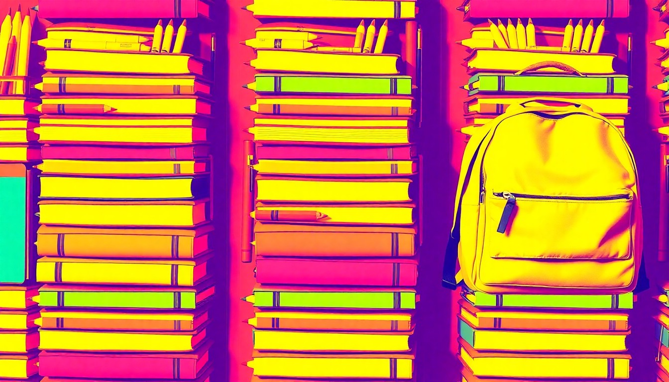 A highly stylized, abstract grid of brightly colored school supplies in a pop art silkscreen style, conceptually representing the grassroots initiatives to uplift educational opportunities.