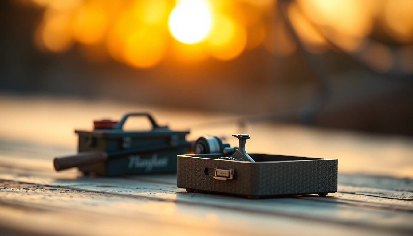 An abstract, out-of-focus photograph of fishing equipment in warm, hazy pools of light, conveying a sense of nostalgia and loss.