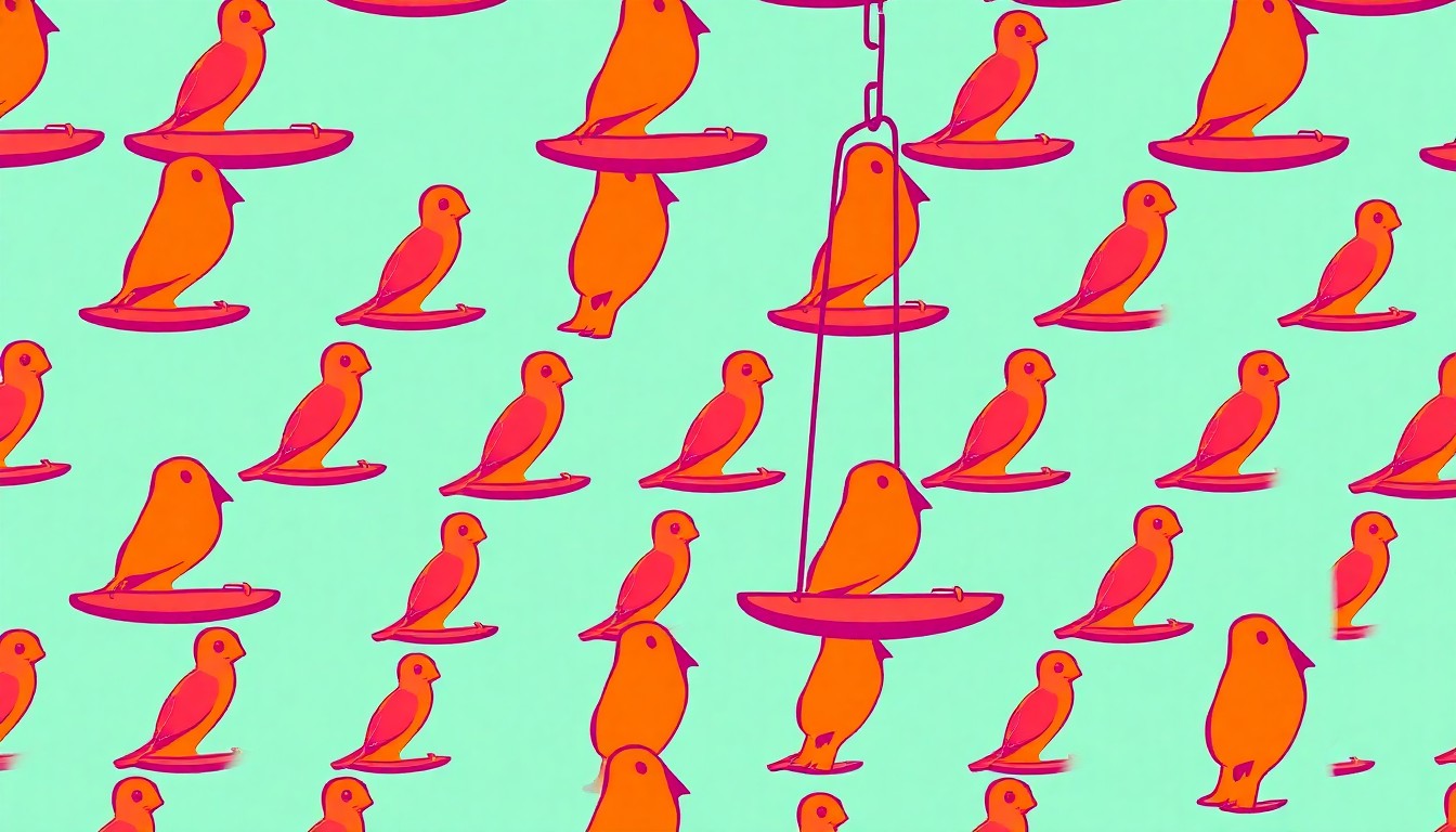 A bold, colorful silkscreen-style illustration featuring a repeating pattern of a simple bird feeder in vibrant neon shades, conceptually representing the divisive debate over urban wildlife management.
