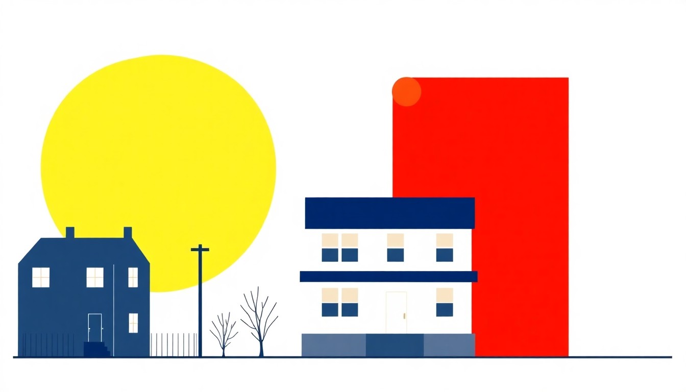 A minimalist illustration using bold geometric shapes and primary colors to conceptually represent the rising property taxes in Cook County, Illinois, without any text or identifiable elements.