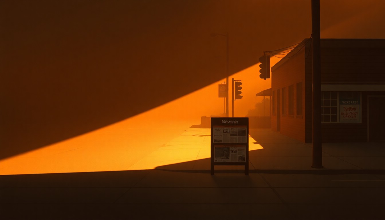 A serene, nostalgic painting of an empty newspaper stand on a quiet street, with warm sunlight casting long shadows across the scene, capturing the melancholy mood of a local news source's uncertain future.