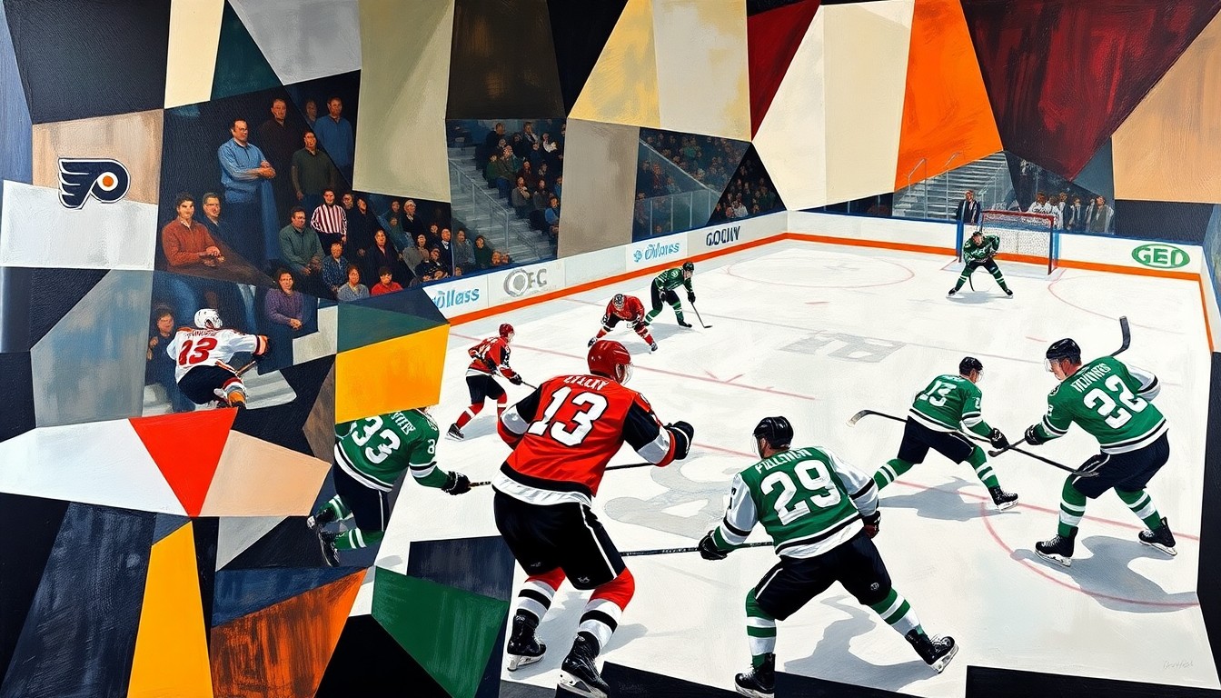 A fractured, multi-perspective painting in a cubist style, depicting the action and movement of a hockey game between the Philadelphia Flyers and Dallas Stars. The players' figures are broken down into sharp, overlapping geometric shapes, capturing the intensity and energy of the match.