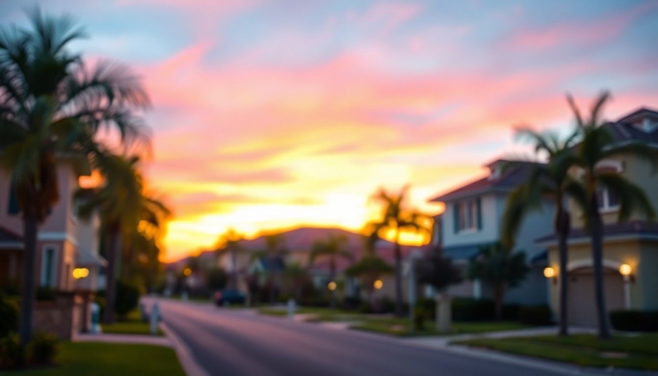 An extremely abstracted, out-of-focus photograph in soft pools of warm color and light, depicting the blurred silhouettes of palm trees, houses, and a vibrant sunset sky, conceptually representing the upscale, residential character of Orlando's top neighborhoods.
