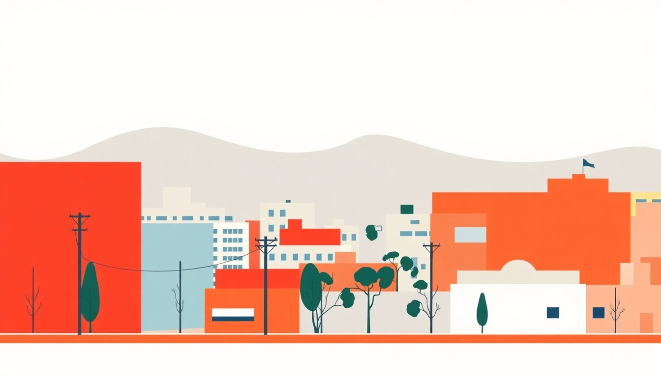 A minimalist illustration using bold primary-colored shapes and clean lines to represent the economic decline in northern California cities, without any text or identifiable elements.