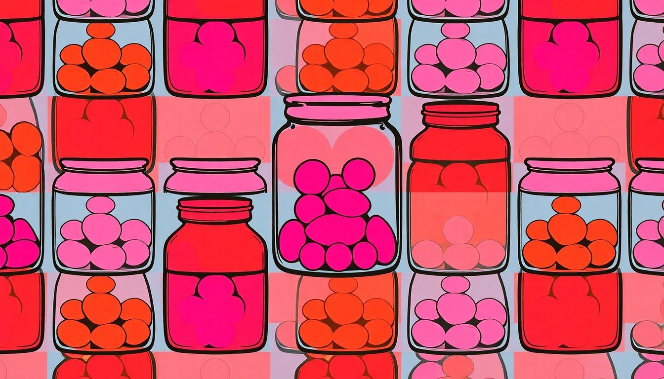 A brightly colored, high-contrast silkscreen print of a vintage candy jar in various shades of pink, red, and orange, repeated in a tight grid pattern, conceptually representing the iconic confections and retro charm of Buchanan's Sweet Shop.