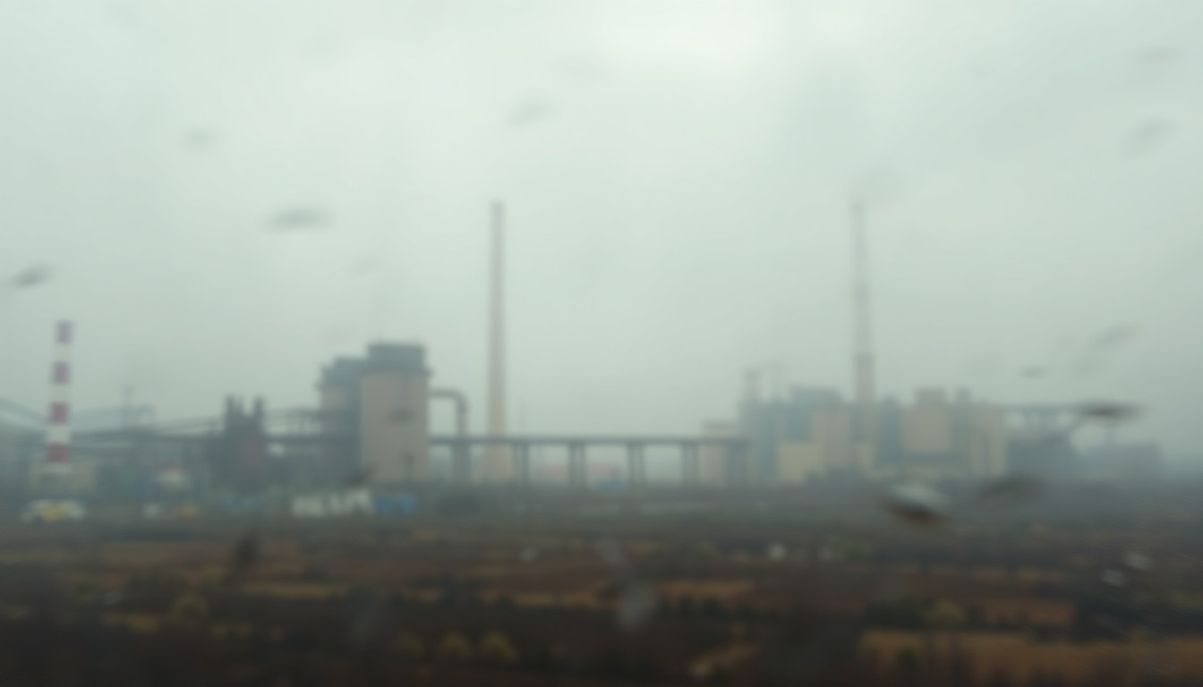 An abstract, out-of-focus image depicting a hazy, indistinct industrial landscape in muted tones, conveying a sense of unease around the issue of sludge disposal.