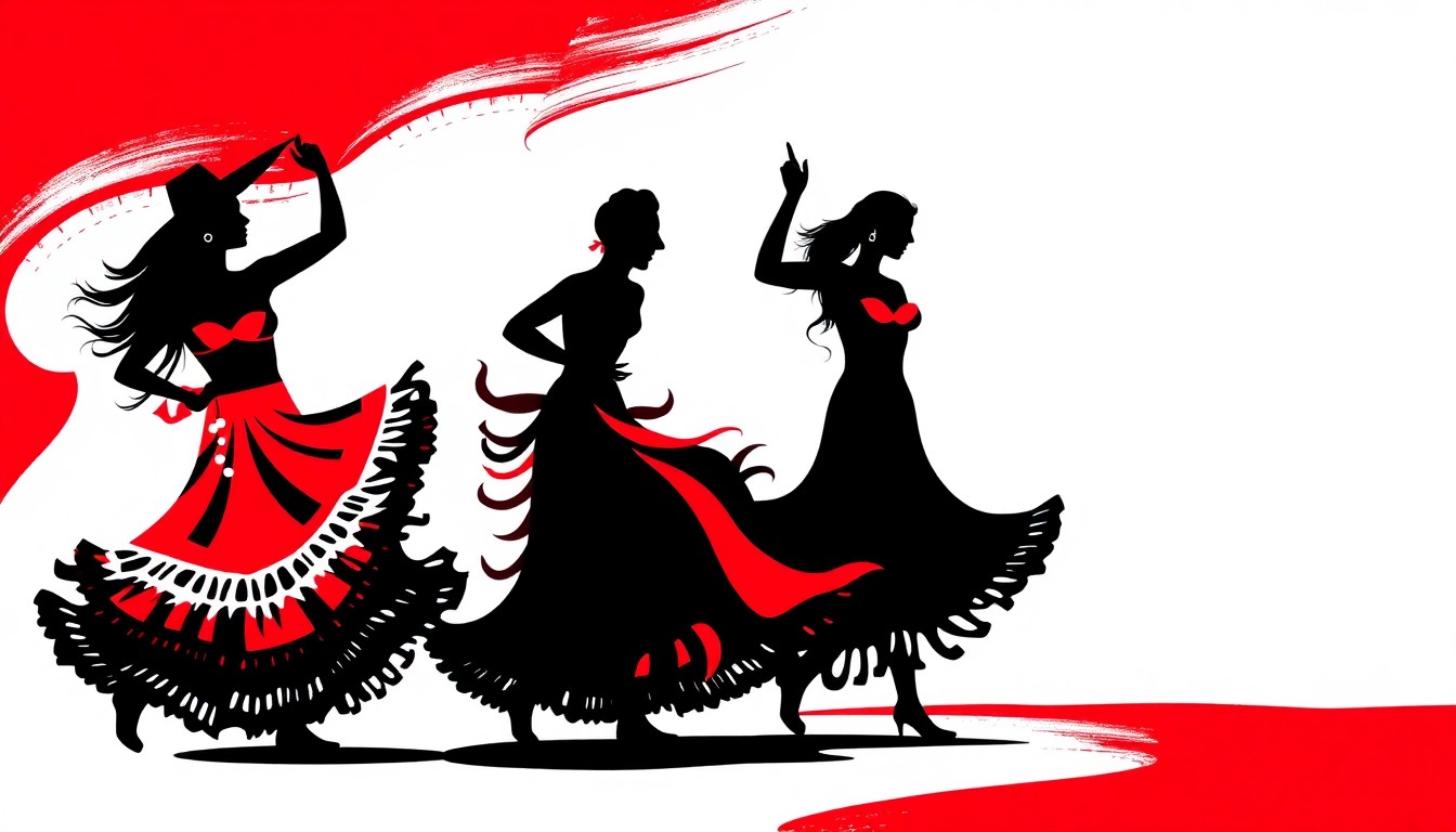 An abstract, minimalist illustration featuring stark black silhouettes of dancers in dynamic motion against a backdrop of bold red and white shapes, capturing the energy and artistry of traditional Mexican folk dance.