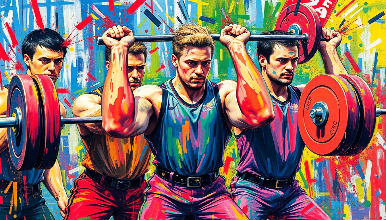 An abstract, expressionist painting featuring vibrant neon brushstrokes and shapes that capture the raw power and energy of high school powerlifting competition, without depicting any recognizable individuals or logos.