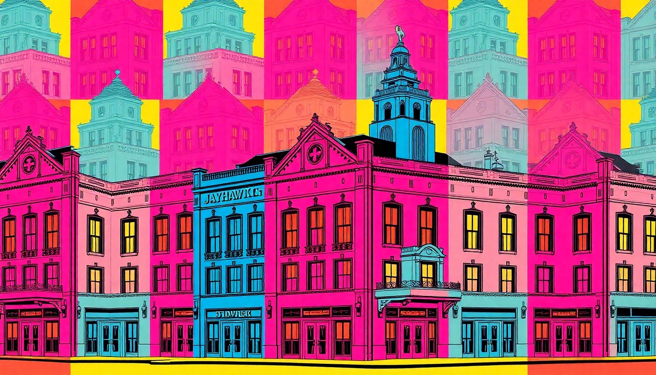 A brightly colored, high-contrast silkscreen print of a historic Topeka landmark, such as the Jayhawk Theatre, repeated in a tight grid pattern to create a modern pop art illustration conceptually representing the city's vacant and underutilized historic properties.