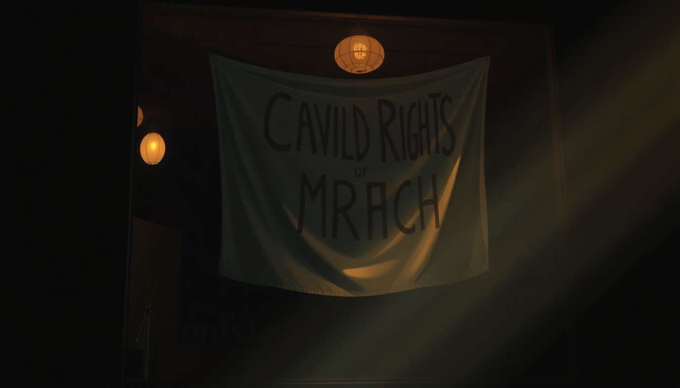 A nostalgic, cinematic painting of an old civil rights march banner hanging in a dimly lit storefront window, the fabric softly illuminated by warm, diagonal sunlight, conceptually representing the enduring impact of Shreveport's civil rights leaders.