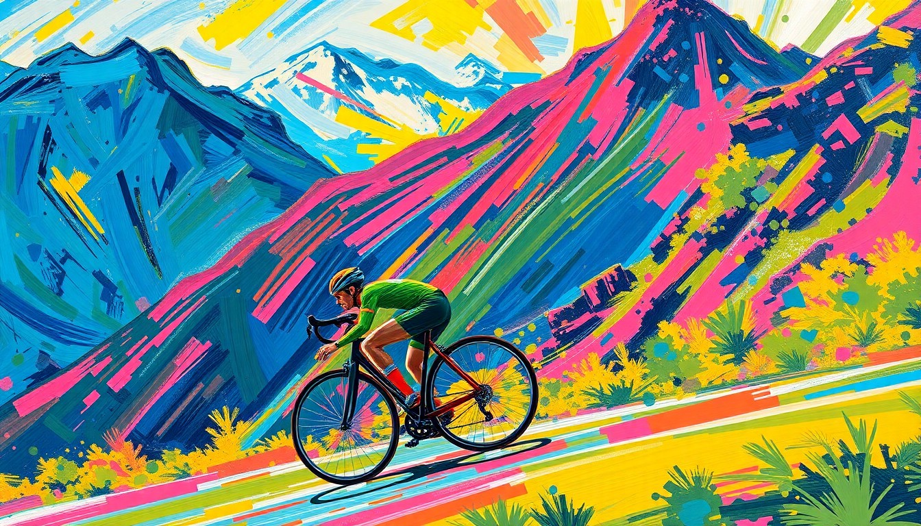 An abstract, expressionist painting in vibrant neon colors depicting the dynamic motion and energy of a cyclist riding through a mountainous landscape, with brushstrokes and shapes that evoke a sense of speed and determination.