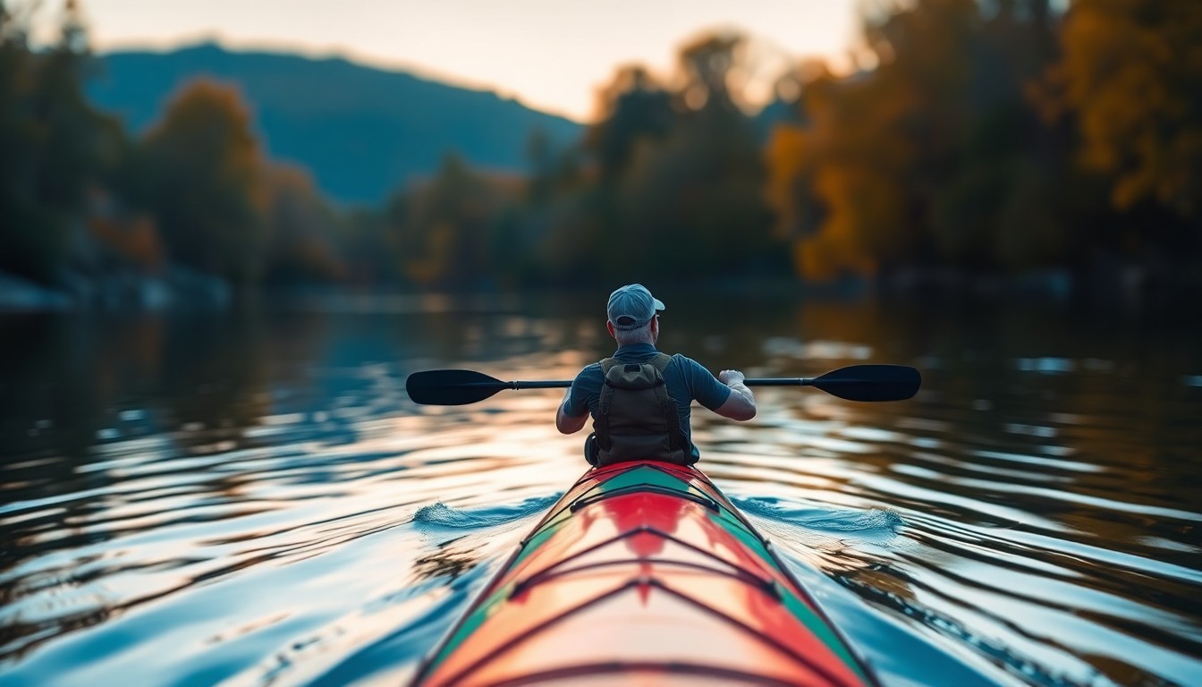 An extremely abstracted, out-of-focus photograph of a kayaker paddling through a river, with soft pools of warm light and color reflecting off the water's surface, conceptually representing the peaceful and contemplative nature of the journey.