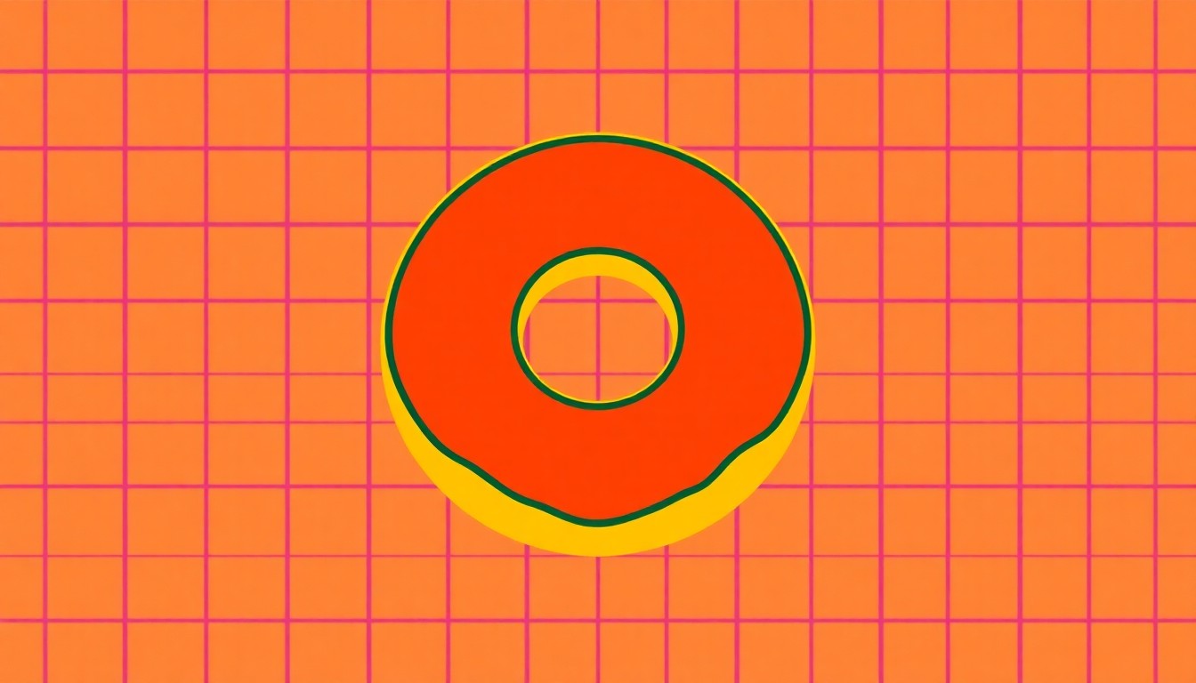 A highly stylized, pop art-inspired illustration featuring a repeating grid of a single, brightly colored donut in shades of pink, orange, and blue, conceptually representing the joyful energy and community spirit of a local bakery's anniversary celebration.
