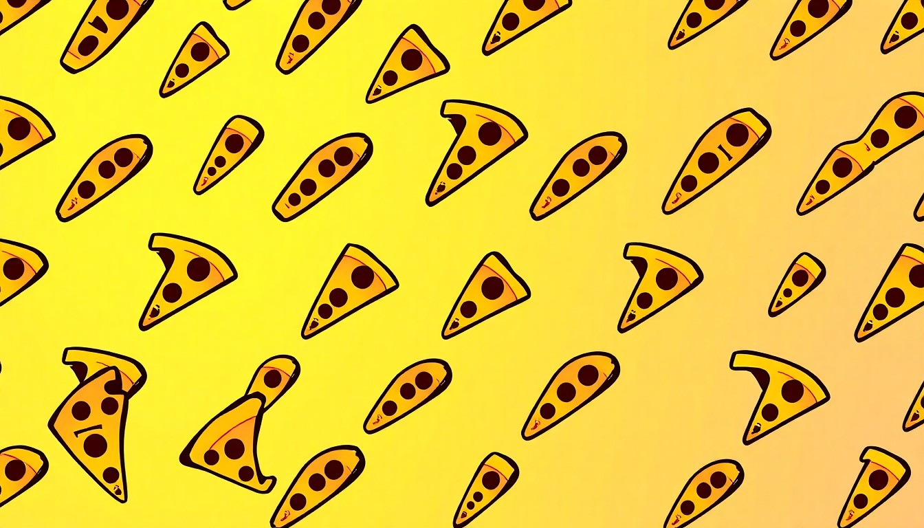 A brightly colored, high-contrast silkscreen print of a single, iconic pizza slice repeated in a tight grid pattern, conceptually representing the excitement and community engagement around Sarasota's pizza bracket competition.