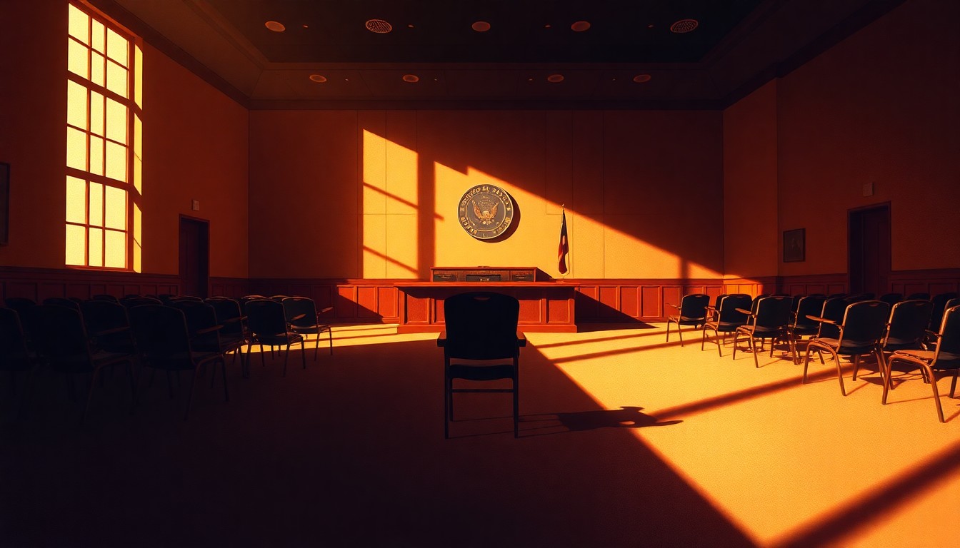 A serene, cinematic painting of an empty county commission meeting room, with a single chair in the foreground casting a long shadow, conveying a sense of anticipation and the weight of the political process.