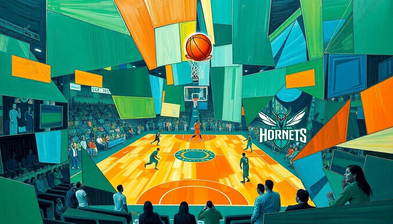 A cubist, geometric painting depicting a basketball game, with sharp, overlapping planes of green, blue, and orange, capturing the dynamic energy of the match.