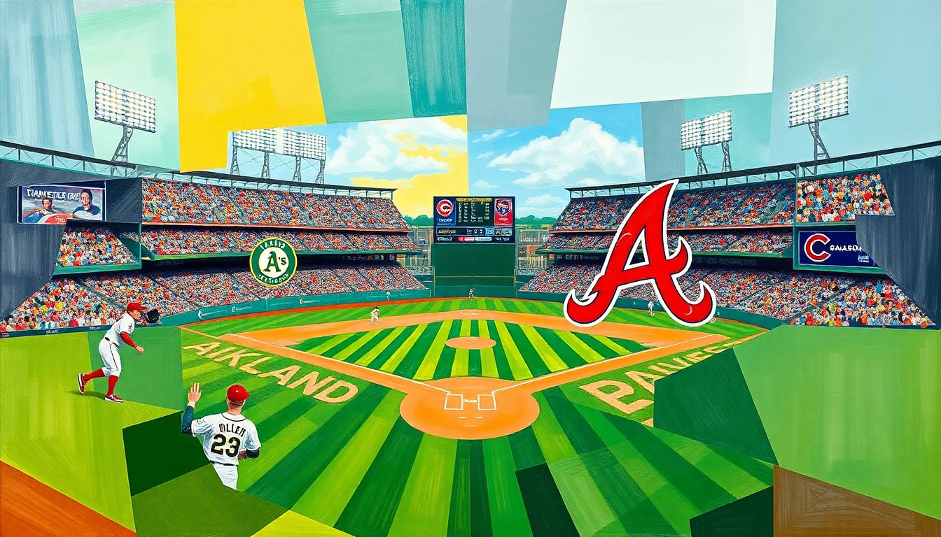 A fractured, multi-perspective painting depicting a baseball game between the Oakland Athletics and Atlanta Braves, with the players and field broken down into sharp, overlapping geometric shapes and planes in a vibrant color palette.