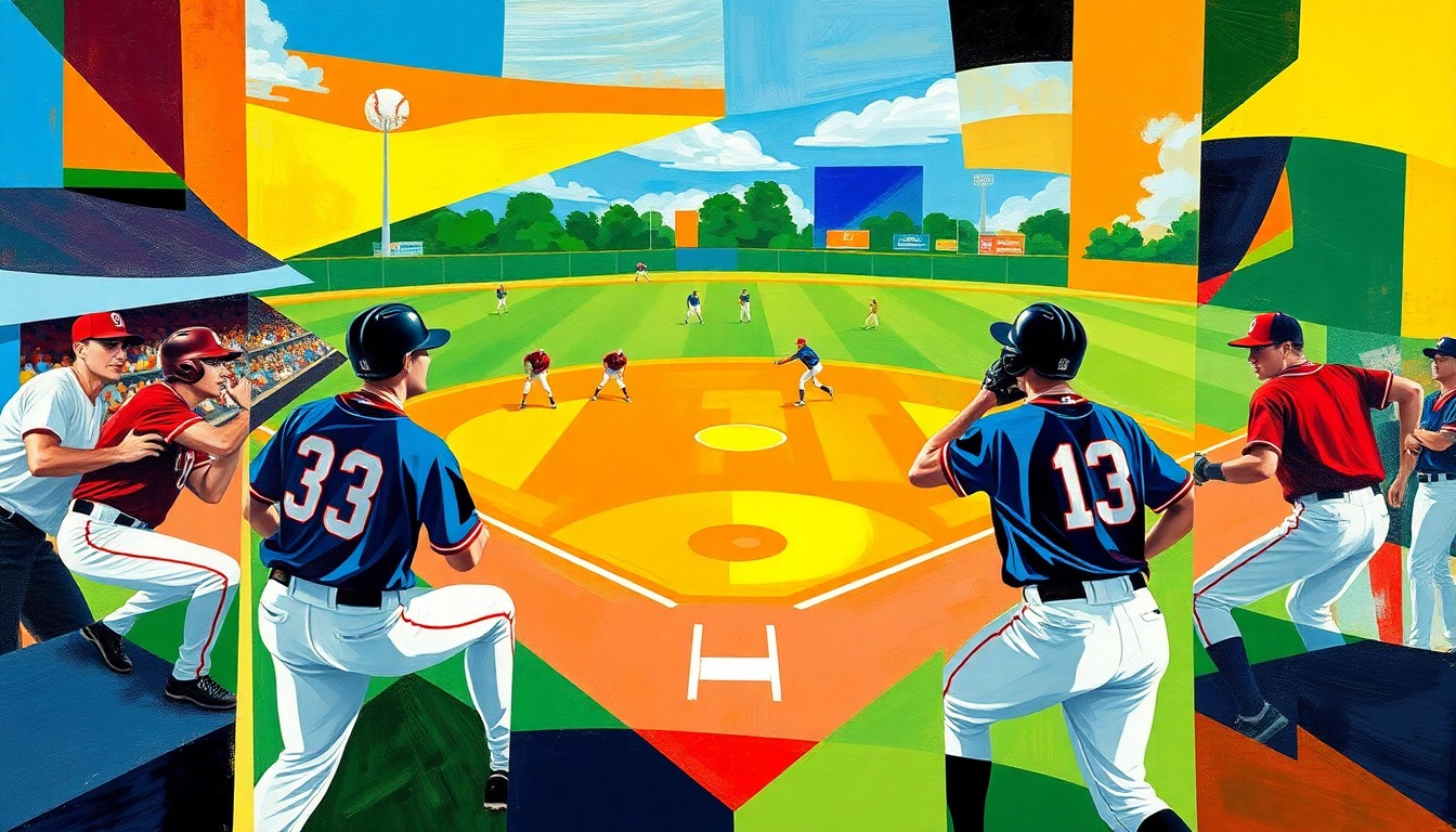 A fragmented, geometric painting depicting the dynamic motion and energy of a college baseball or softball game, with sharp planes of color representing the players, field, and equipment.