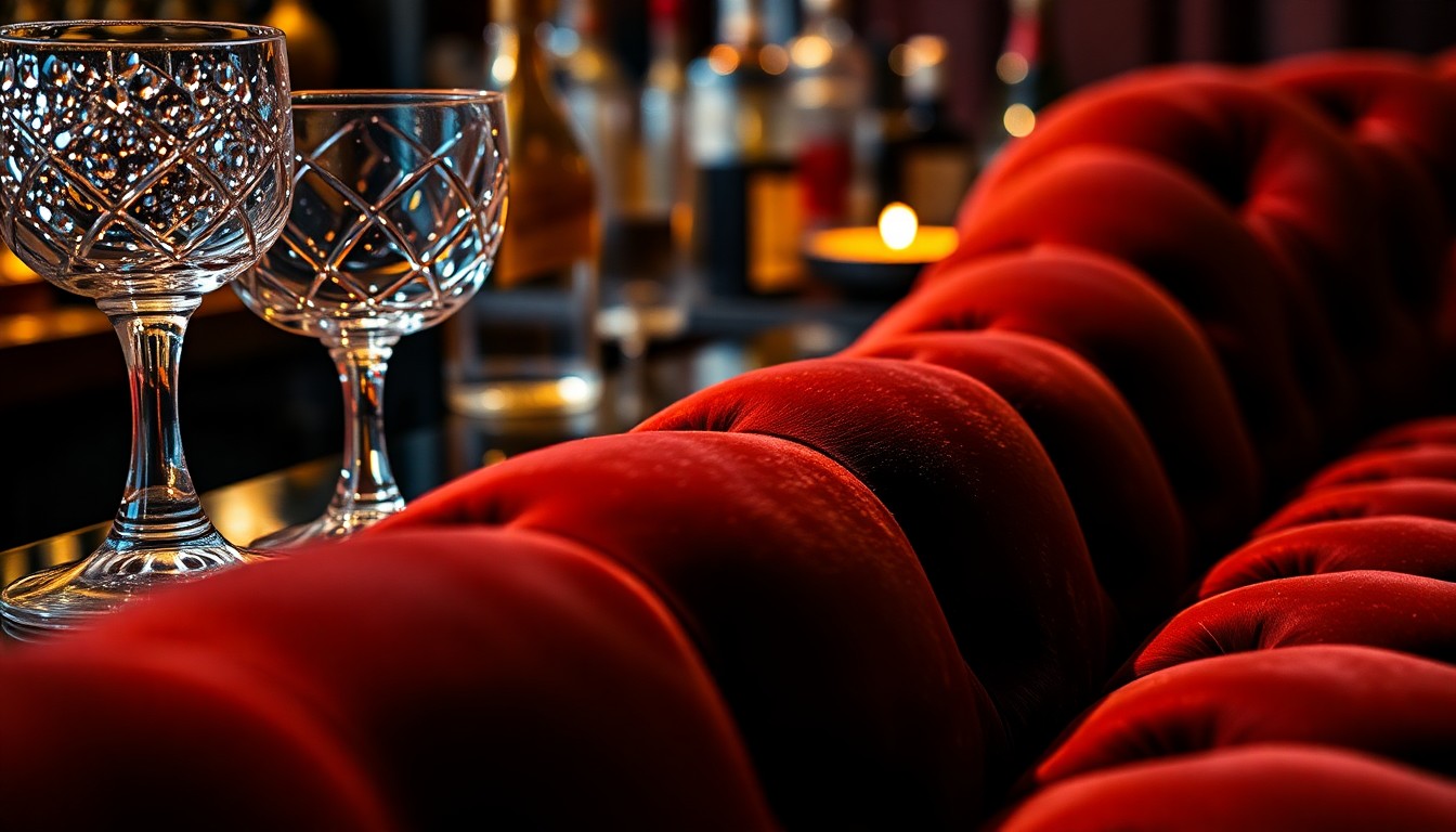 An extreme close-up photograph showcasing the rich, textural details of a high-end home bar, such as gleaming metal accents and soft, velvety upholstery, conveying a sense of luxury and sophistication.