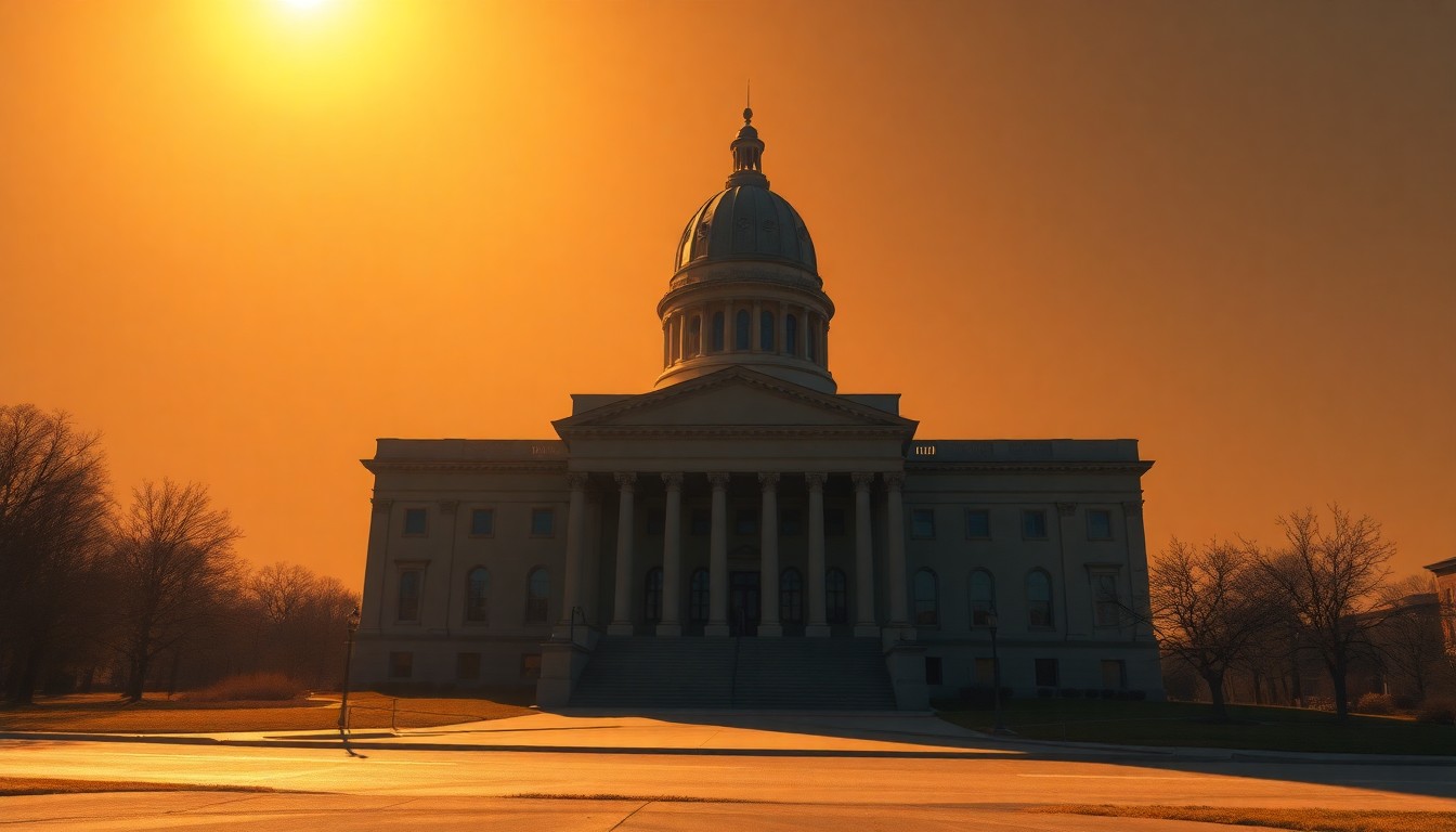 A photorealistic painting of the Missouri state capitol building in Jefferson City, rendered in a warm, cinematic style with dramatic lighting and shadows, conveying a sense of political momentum and progress.
