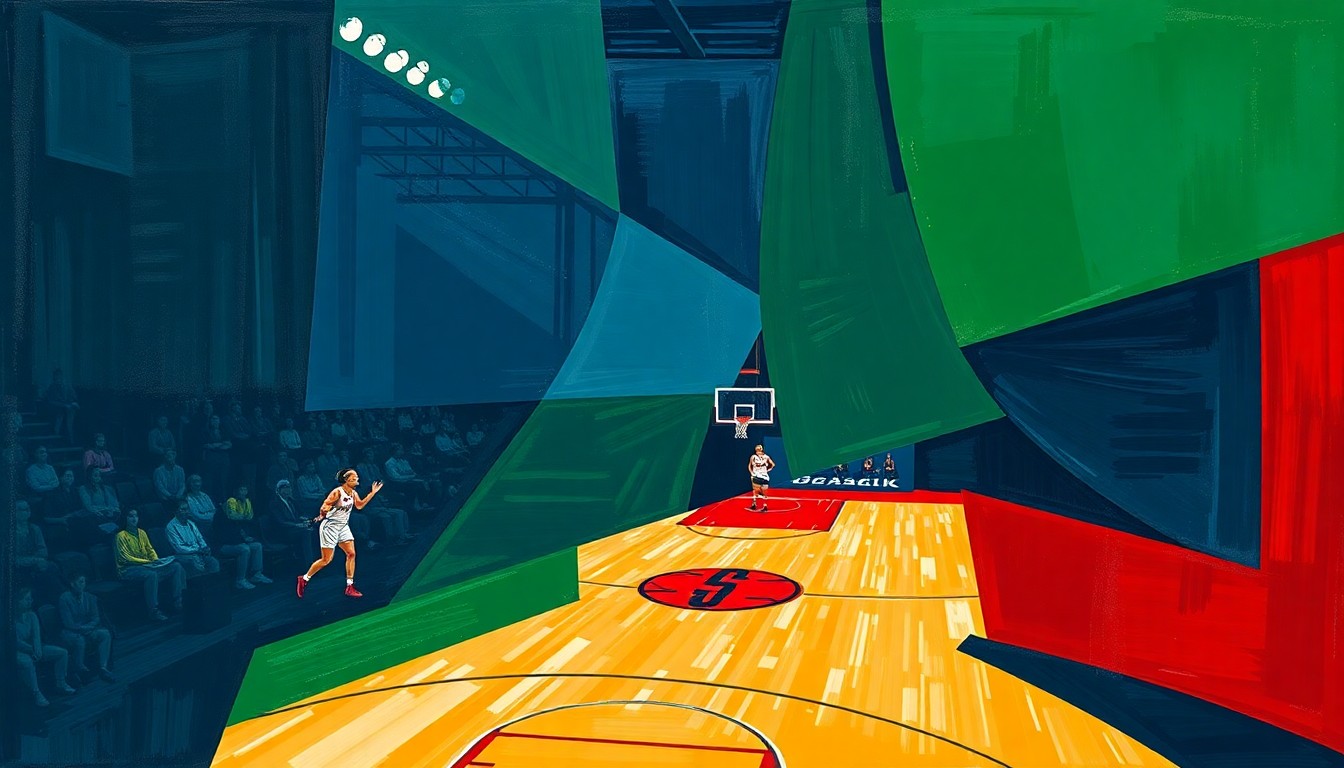A fractured, cubist-style painting depicting the action of a women's basketball game, with the players and court broken down into sharp, overlapping geometric shapes in a palette of navy, green, and red, conveying the intensity and competitive spirit of the semifinal matchup.