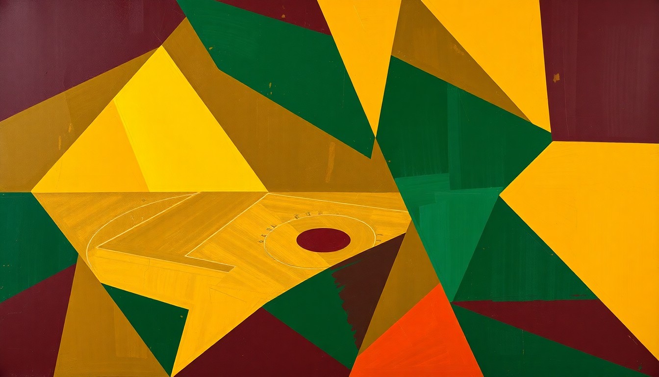 A cubist-style painting featuring overlapping geometric shapes and planes in deep maroon, forest green, and golden yellow, conceptually representing the fractured and multi-faceted nature of a basketball game or match.