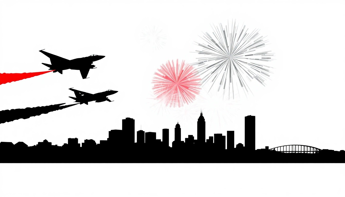 A minimalist, graphic illustration using bold black silhouettes and high-contrast red and white colors to represent military jets, fireworks, and the Louisville skyline, capturing the celebratory spirit of the Thunder Over Louisville event.