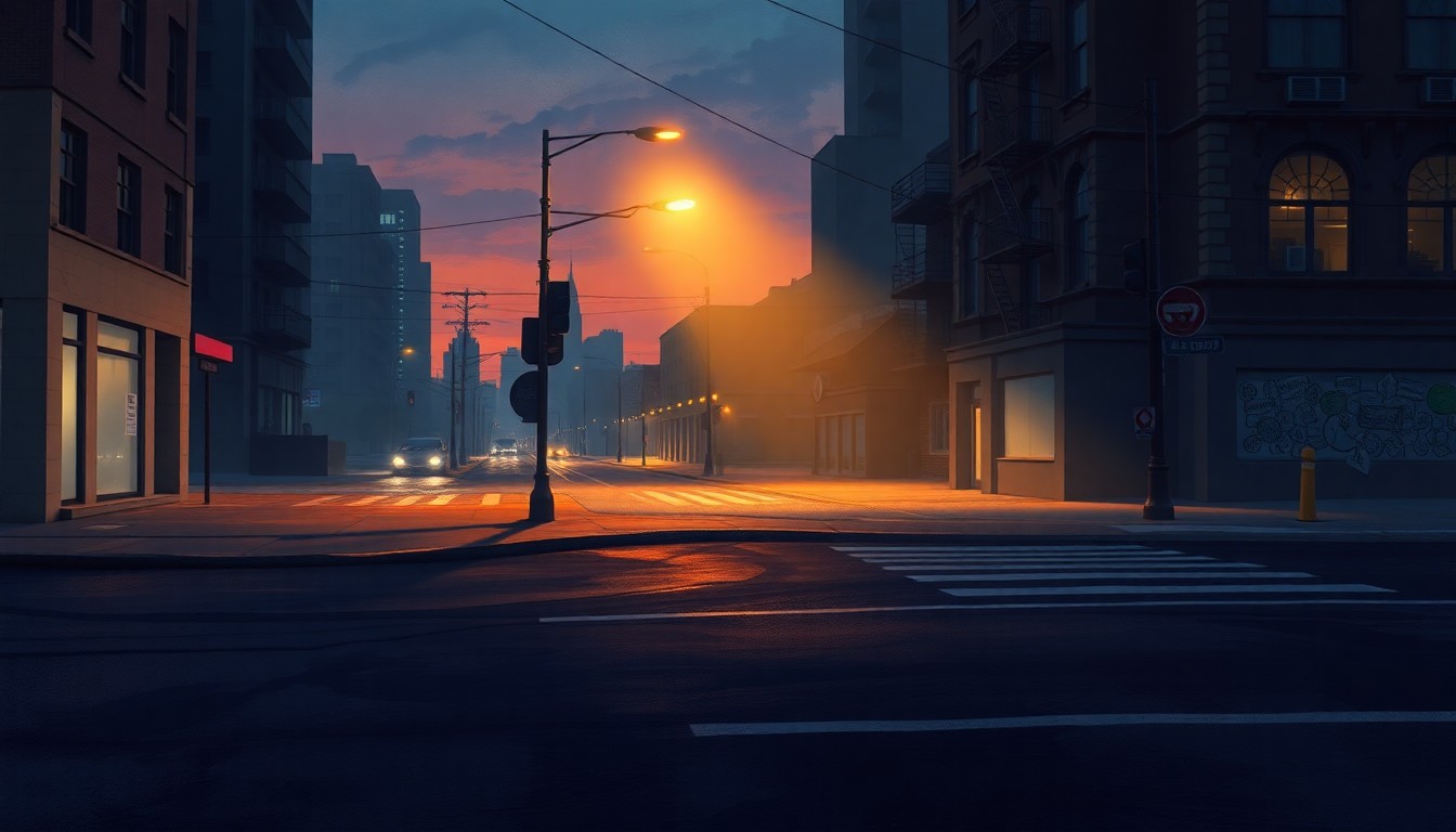 A dimly lit city street corner at dusk, with a lone streetlight casting warm, diagonal shadows across the pavement, creating a contemplative, nostalgic mood about the changing nature of urban development.