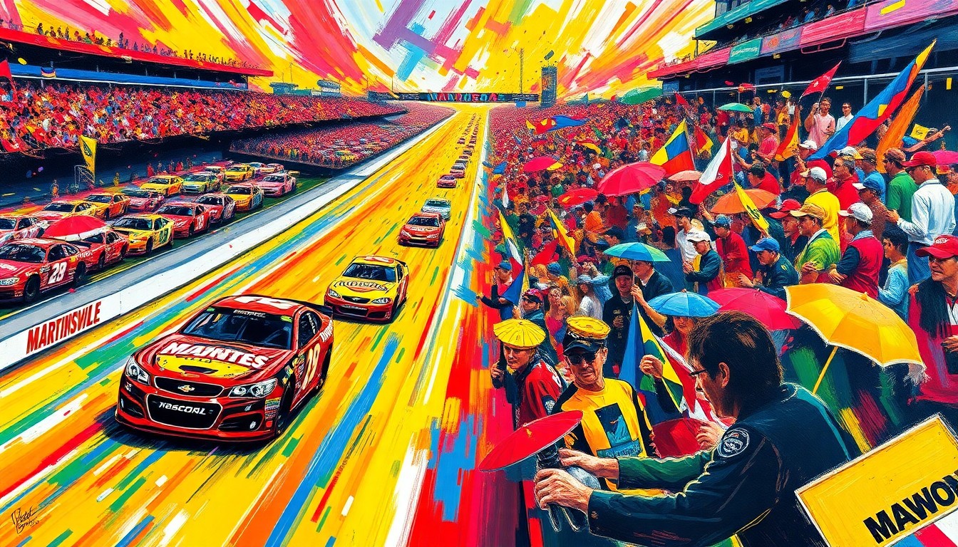 An abstract, expressionist painting in neon colors depicting the frenetic energy and movement of a NASCAR race, with cars, fans, and the track blending together in a dynamic, textured composition.
