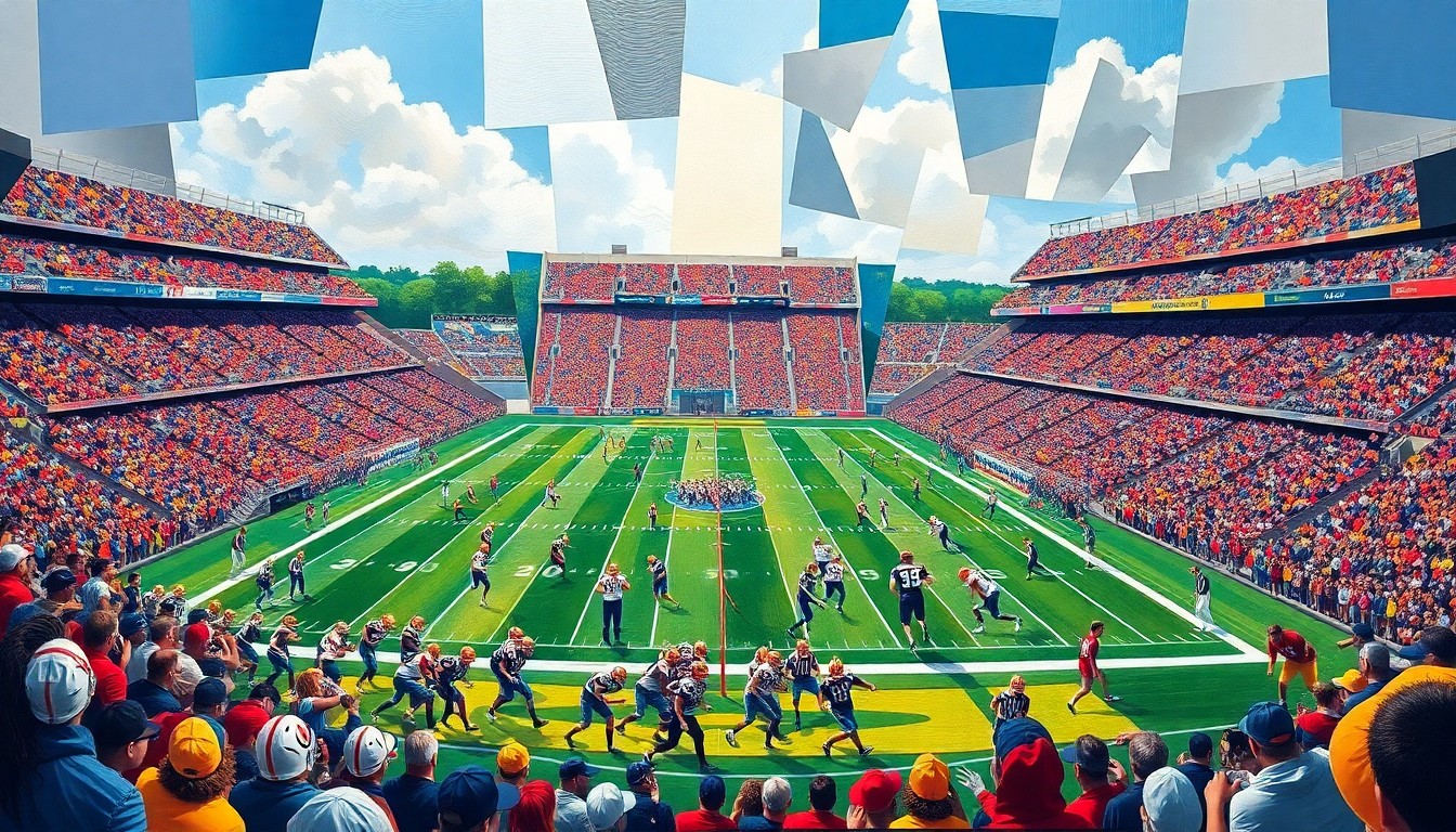 A cubist, geometric painting depicting the fragmented action of a high school football game, with sharp planes of color representing players, field, and stadium.