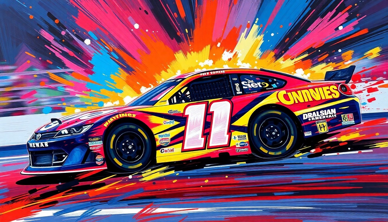 An abstract, energetic painting featuring bold brushstrokes in neon shades of red, orange, and blue, capturing the intense racing action and competitive spirit of a NASCAR event.