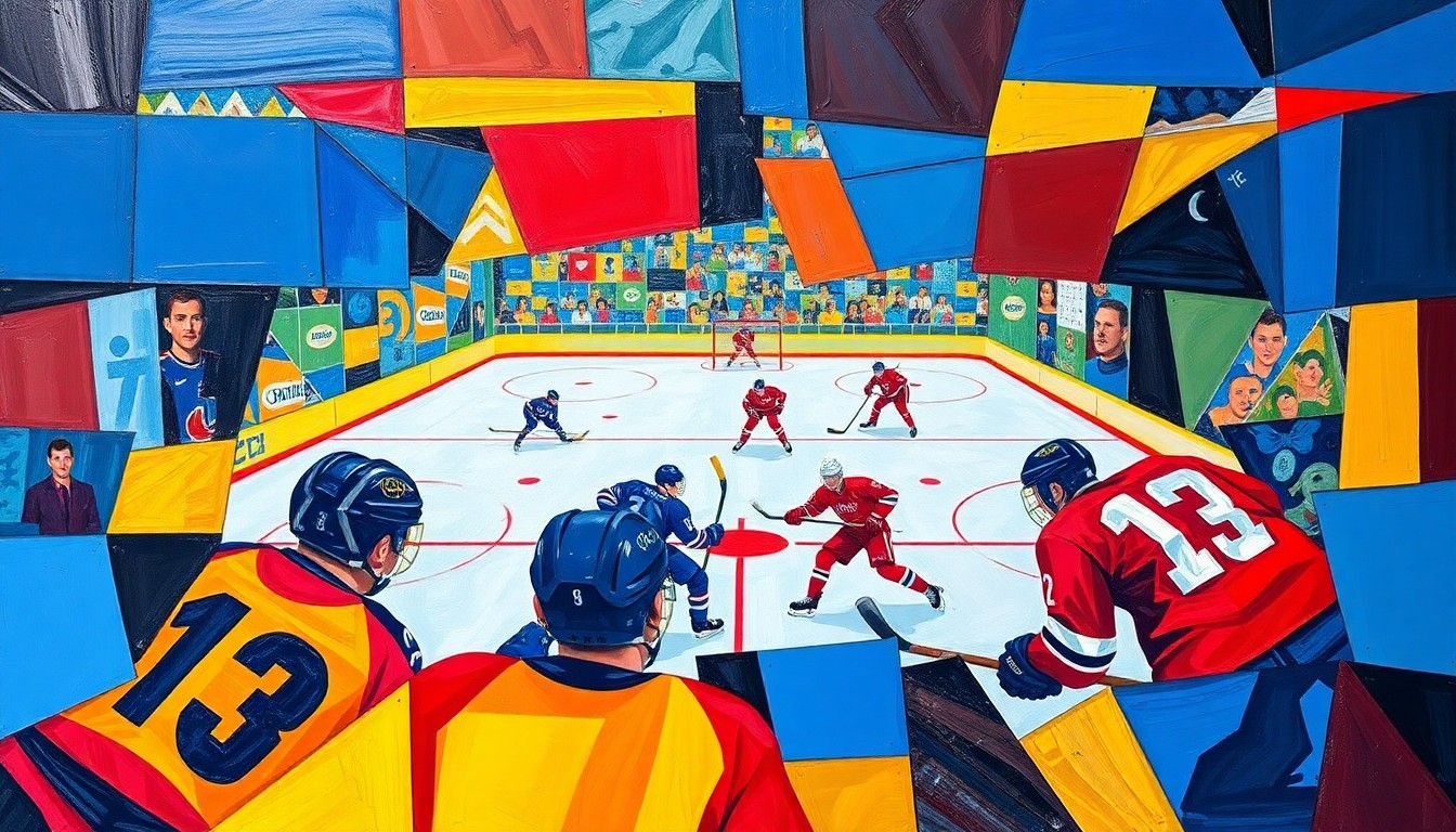 A cubist, geometric painting depicting a hockey game, with sharp, overlapping planes of color representing the players and action on the ice.