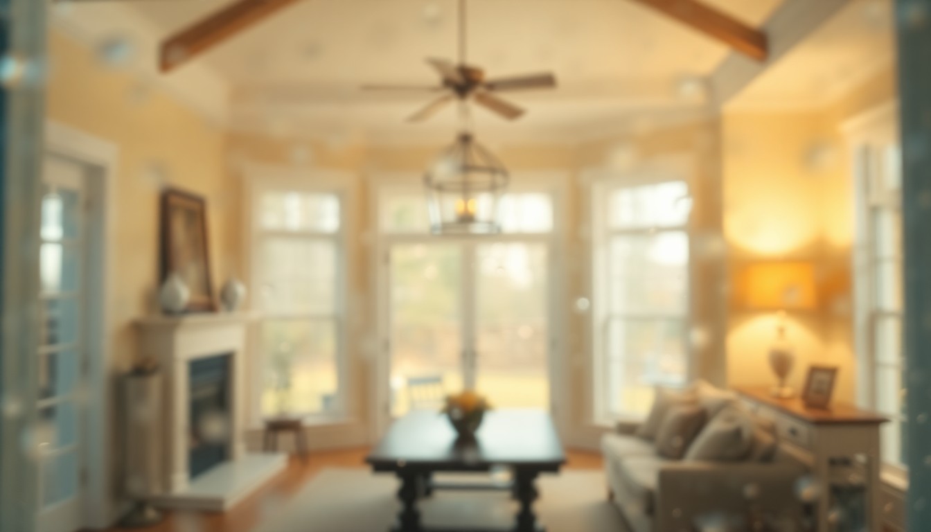 An abstract, out-of-focus scene featuring warm, blurred pools of light and color, conceptually representing the inviting atmosphere of a newly built colonial home's interior.