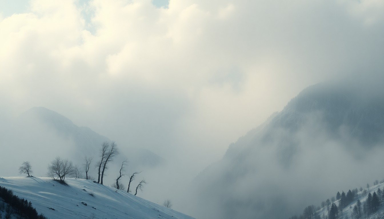 A sweeping, atmospheric landscape painting in muted tones of gray, blue, and white, depicting a snow-covered mountain range partially obscured by heavy fog, conveying a sense of the overwhelming power and fragility of the natural world in the face of a changing climate.
