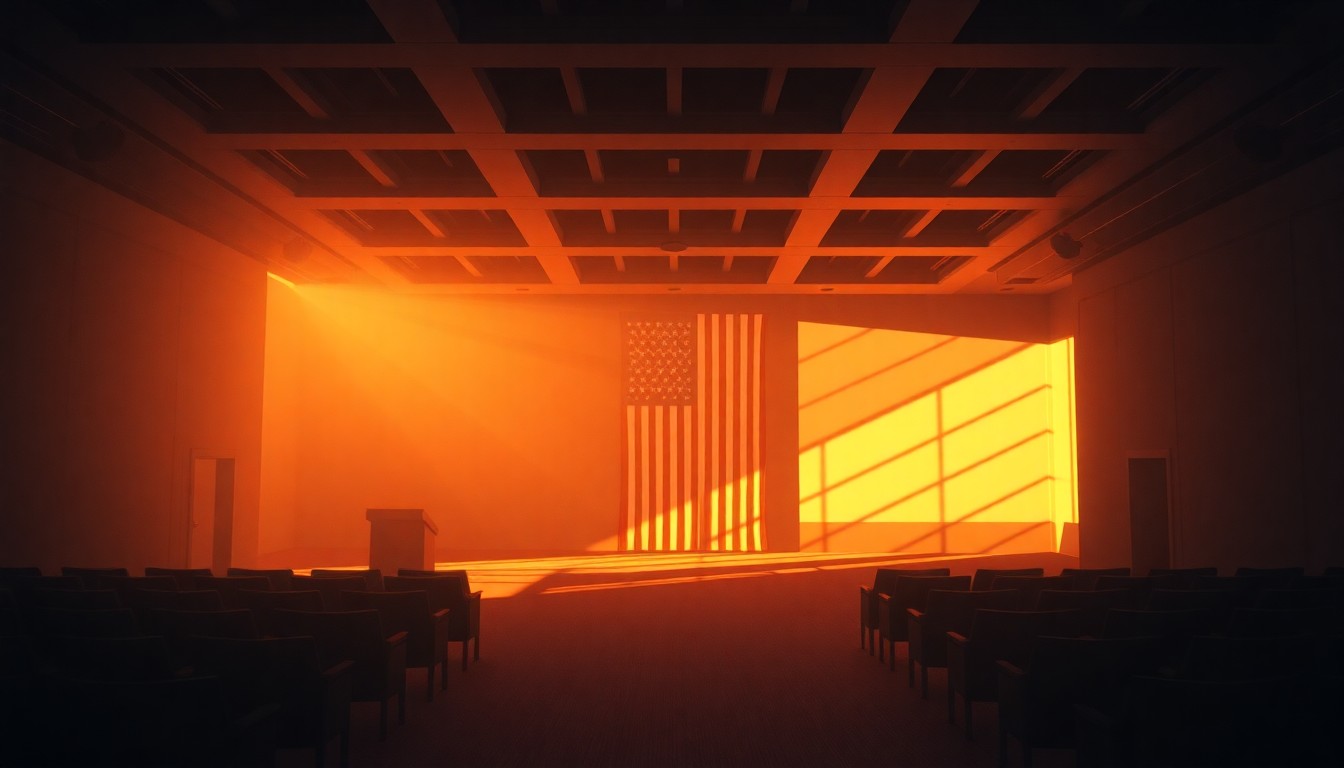 A dimly lit, cinematic painting of an empty political office or debate hall, with warm sunlight streaming through the windows and deep shadows covering much of the scene, conceptually representing the importance of candidate announcements in local elections.