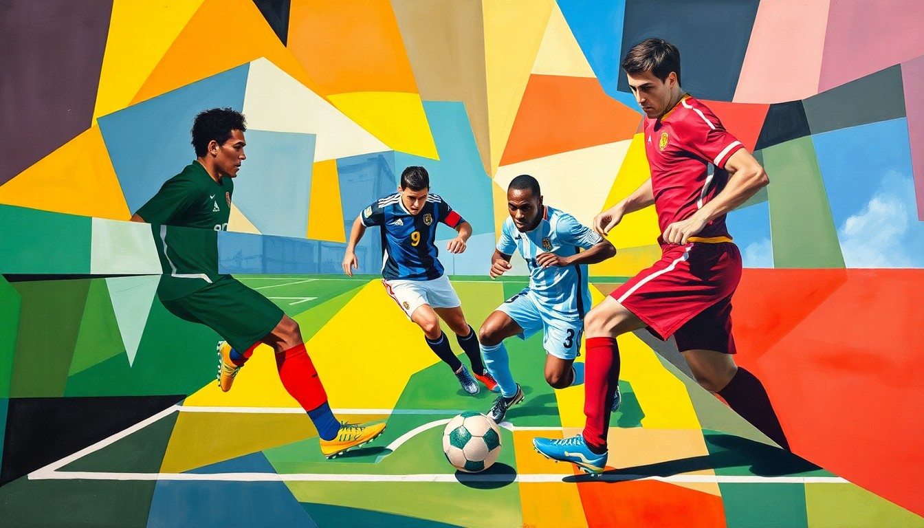 A cubist, geometric painting depicting the abstracted figures of Curacao soccer players in action, with the ball and field lines cutting across the fragmented composition.