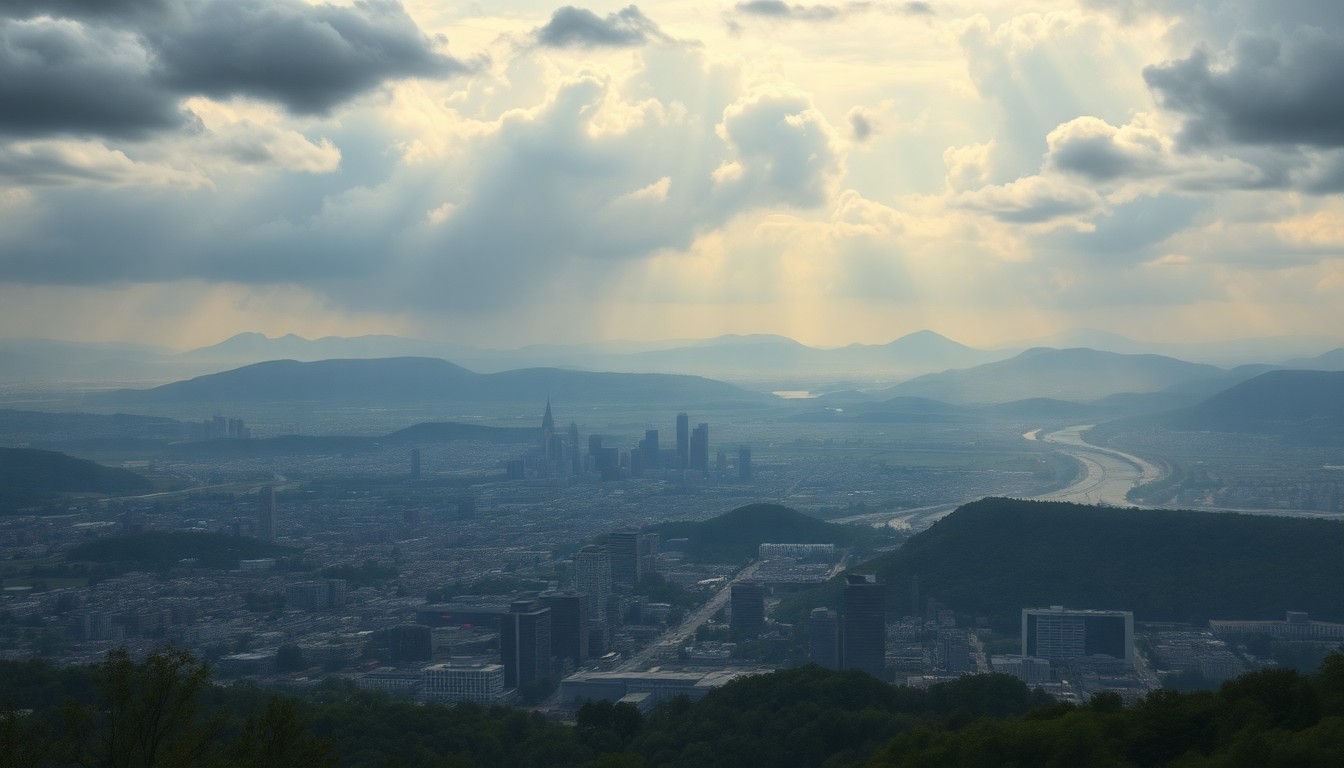 A sweeping landscape painting in muted tones, depicting the Cincinnati skyline and surrounding hills under a dramatic, hazy sky. The urban structures are dwarfed by the overwhelming scale of the natural environment.